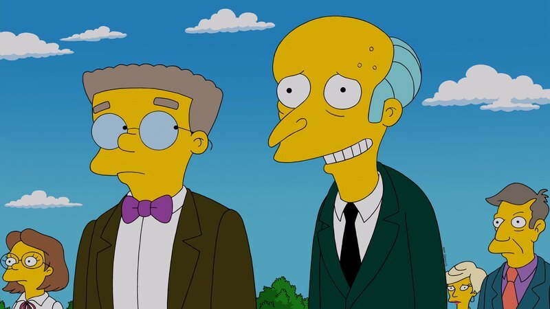 Reuige Sünder: Bei der Beerdigung von Chip Davis spricht Reverend Lovejoy über Reue und Buße, was die Gäste nachdenklich stimmt. Auch Mr. Burns (r.) und sein Assistent Smithers (l.) haben so einiges zu bereuen – allerdings hat es gar nichts mit dem Atomkraftwerk zu tun … – Bild: Twentieth Century Fox Film Corporation