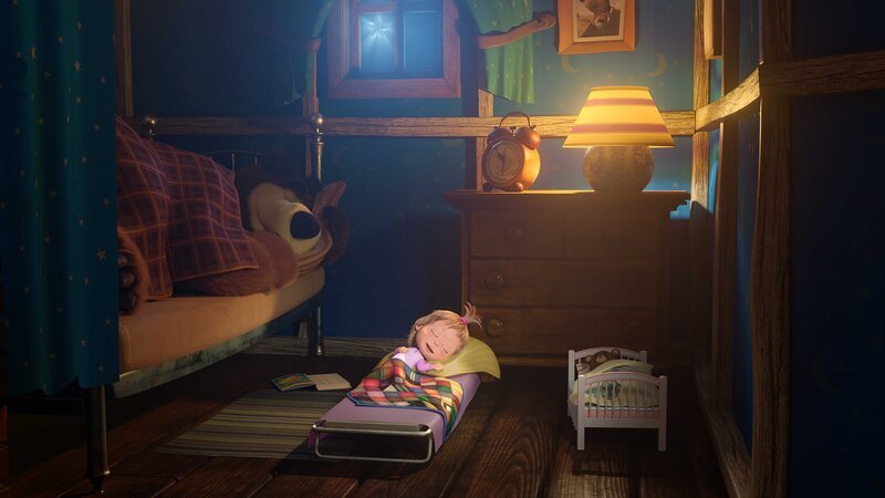 Mascha, der Bär und Teddy schlafen. – Bild: KiKA/​Animaccord Animation Studio