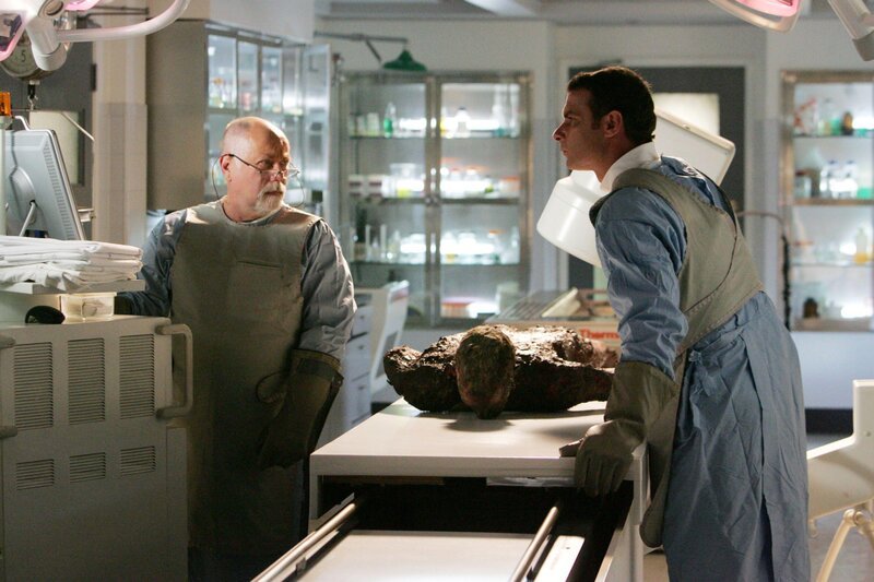 Doc Robbins (Robert David Hall, l.) und Michael Keppler (Liev Schreiber) erleben bei der Obduktion eine Überraschung: Aus der Leiche wurden sämtliche noch verwertbare Körper- und Gewebebeteile entwendet. Stattdessen finden sie im Körper des Toten Plastikrohre, einen Besenstiel und sogar einen Regenschirm. – Bild: RTL