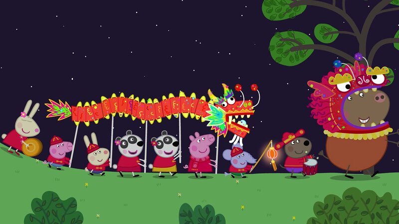 L-R: Rebecca Rabbit, George Pig, Richard Rabbit, Peggi Panda, Pandora Panda, Peppa Pig, Edmond Elephant, Danny Dog, Mr. Bull. – Bild: Nickelodéon Junior