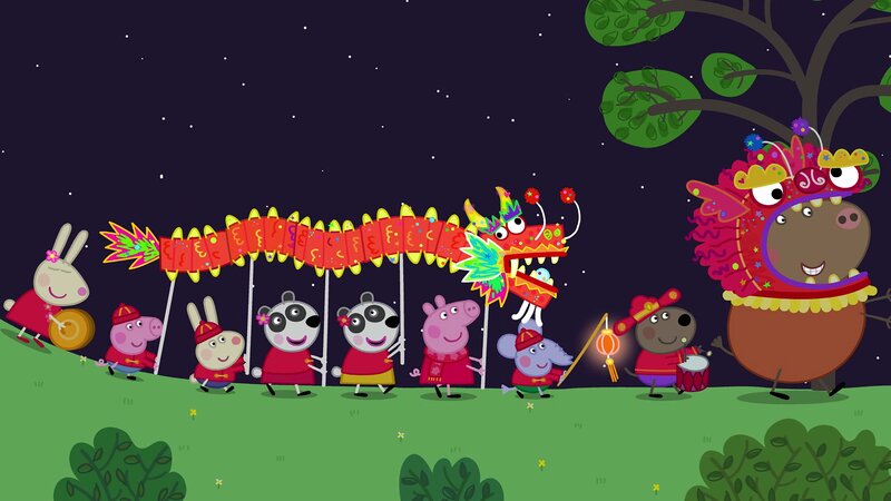 L-R: Rebecca Rabbit, George Pig, Richard Rabbit, Peggi Panda, Pandora Panda, Peppa Pig, Edmond Elephant, Danny Dog, Mr. Bull. – Bild: Nickelodéon Junior