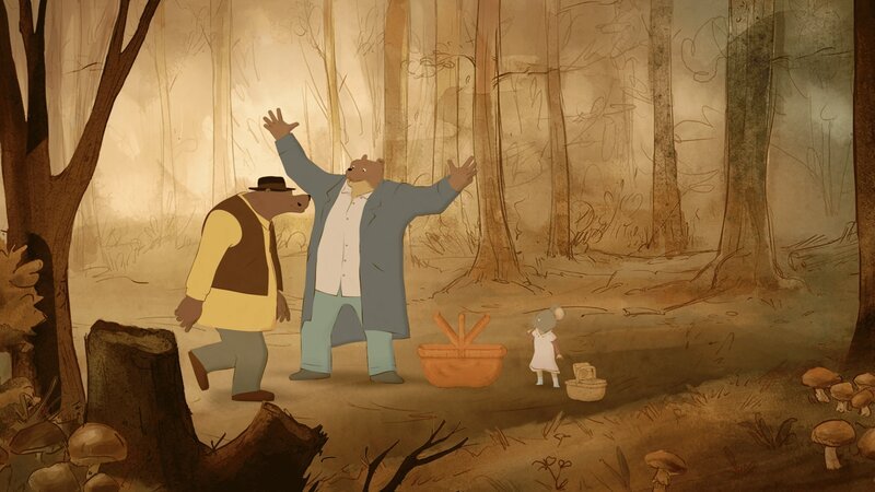 Beim Pilze suchen treffen Ernest (M.) und Celestine (re.) auf Ernests alten Kumpel Leon (li.). Da ist die Freude erst mal groß. – Bild: ZDF/​2021 Folivari/​So-Nord/​RTBF