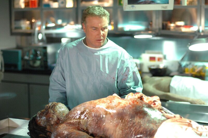 Gil Grissom (William Petersen) ist bei Doc Robbins in der Pathologie, um die Obduktion einer Wasserleiche aus dem Lake Mead zu verfolgen. Zu seiner großen Überraschung springt eine Ratte aus dem Körper des Toten … – Bild: RTL