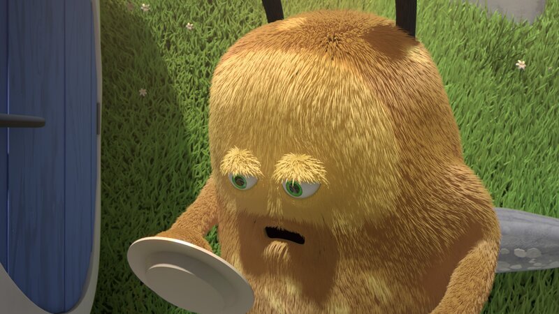 Kiwi hat eine Flasche voll mit Klebstoff. Als Strit sie in die Hände bekommt, klebt er alles zusammen. – Bild: NDR/​Studio Hamburg Produktion/​Sesame workshop