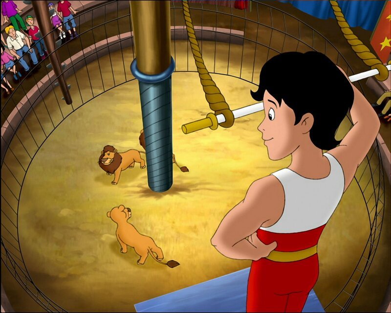 Der Zirkus Saluti gastiert in Neustadt. Bibi will unbedingt dorthin und trifft auf den Zauberer Zafetti, mit dem sie ein wildes Wetthexen beginnt. Plötzlich laufen die Löwen frei in der Manege herum und bringen Trapezkünstler Pedro beim Salto mortale in Gefahr. – Bild: ZDF und A. Film A/​S und KIDDINX Studios GmbH