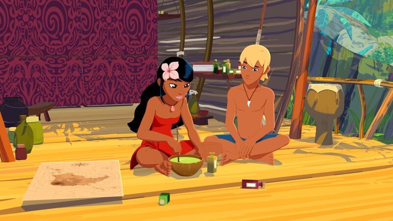 Timeti (links) möchte Yann (rechts) mit einem speziell zubereiteten Trank beruhigen. Er macht sich Sorgen um Zoom, der verschwunden ist. – Bild: ZDF und Media Valley/​Marzipan Films