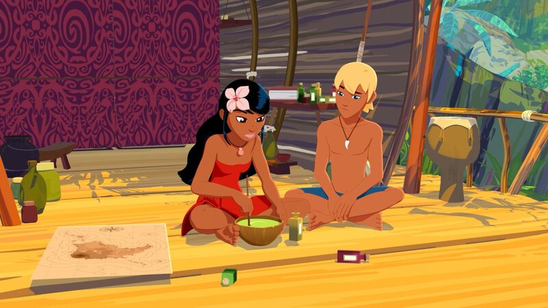 Timeti (links) möchte Yann (rechts) mit einem speziell zubereiteten Trank beruhigen. Er macht sich Sorgen um Zoom, der verschwunden ist. – Bild: ZDF und Media Valley/​Marzipan Films