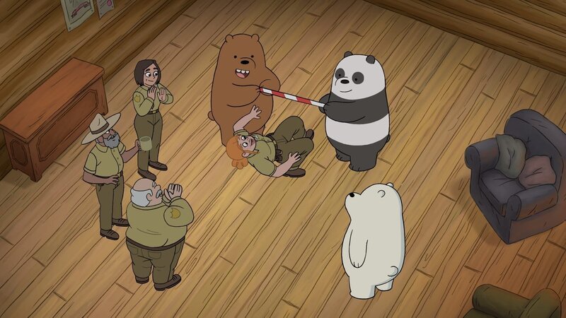 Ranger Martinez (l.), Grizzly Bear (4.v.l.), Ranger Tabes (3.v.r.), Panda Bear (2.v.r.), Ice Bear (r.) – Bild: Cartoon Network