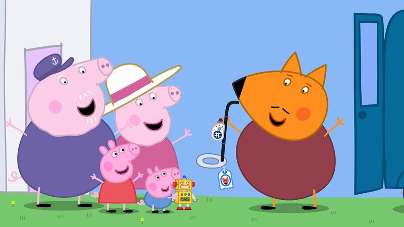 L-R: Grandpa Pig, Peppa Pig, Granny Pig, George Pig, Mr. Fox – Bild: Nickelodéon Junior