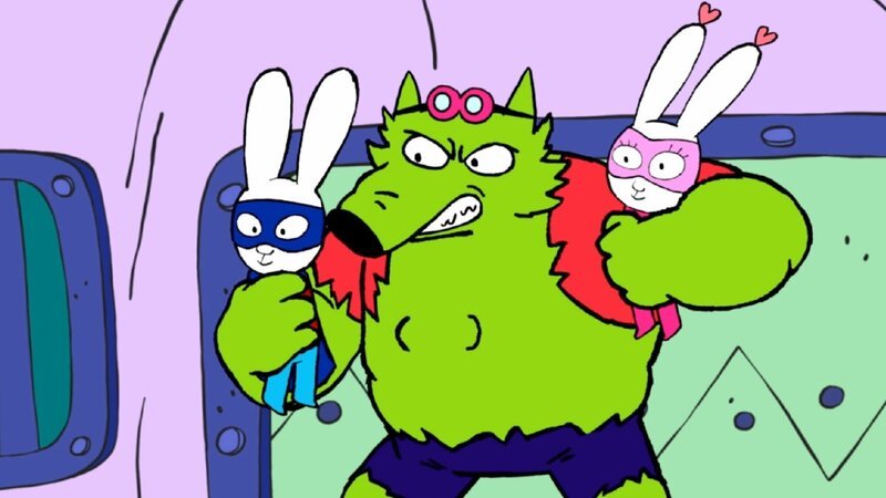 Der wütende Professor Wolf (M.) hat Superhase (l.) und Super-Lou (r.) erwischt. – Bild: ZDF and GO-N Productions