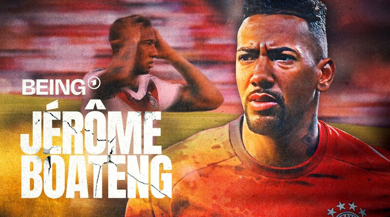 Key Visual/​Cover mit Typo zu „Being Jérôme Boateng“. „Being Jérôme Boateng“ erzählt die Geschichte eines Ausnahmefußballers zwischen Triumph und Absturz und bietet exklusive Archivmaterialien und bislang ungesehene Einblicke. – Bild: BR/​Flow media company GmbH/​Alamy/​Imago Images/​Cosmin Iftode/​Eibner/​Montage: Marc Trompetter