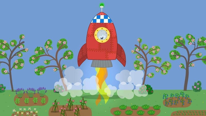 Oma Wutz und ihre Freundinnen spielen heute die Apollo Mondlandung nach. Peppa und Schorsch schließen sich an und Opi Mümmel hat ihnen sogar seine Rakete ausgeliehen. Als alle an Bord sind, startet Opi Mümmel die Rakete und fliegt bis zum Mond. – Bild: SUPER RTL