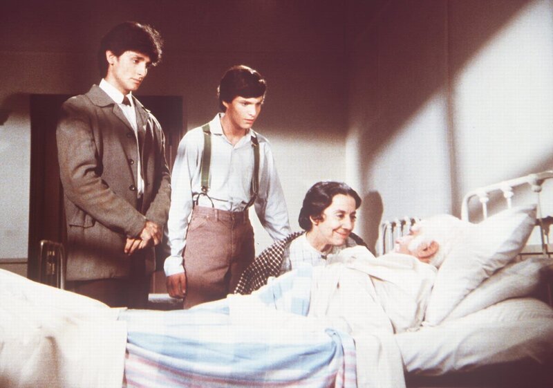 Seine Frau Anna Rosa (Gloria Manos) sowie seine Söhne Stefano (Robert Torti, l.) und Marco (Stephen Manley, 2.v.l.) sind erleichtert, dass Gambini (Jack Kruschen) nicht mehr passiert ist. – Bild: Sat.1 Gold