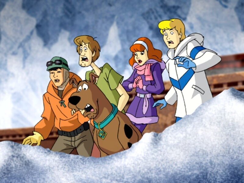 Scooby-Doo (2.v.l.), Shaggy Rogers (m.), Daphne Blake (2.v.r.), Fred Jones (r.) – Bild: Hanna-Barbera