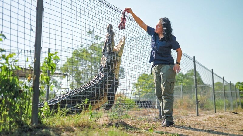 Julia feeds crocodile on farm – Bild: Warner Bros. Discovery