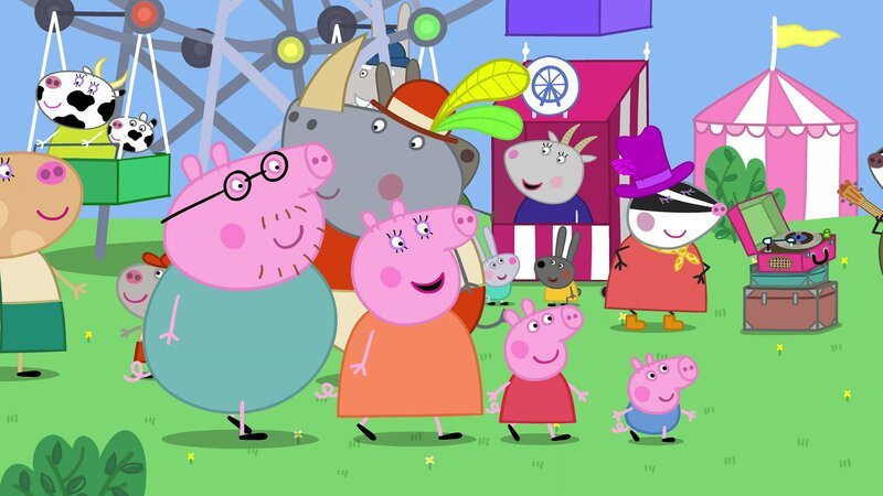 Vorne, l-r: Daddy Pig, Mummy Pig, Peppa Pig, George Pig – Bild: Nickelodéon Junior