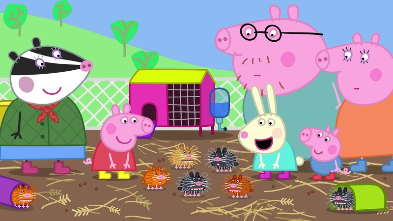 L-R: Mrs. Badger, Peppa Pig, Rebecca Rabbit, Daddy Pig, George Pig, Mummy Pig – Bild: Nickelodéon Junior