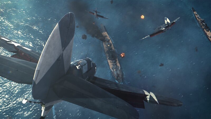 Curtiss SB2C Helldiver der US Navy greifen das japanische Schlachtschiff Yamato an (CGI-Animation). – Bild: Silverlining Rights Limited/​ WeltN24 GmbH