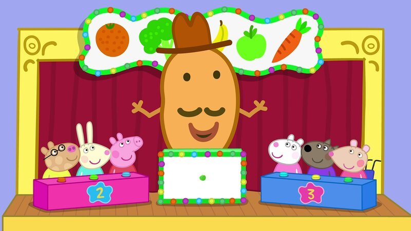 L-R: Pedro Pony, Rebecca Rabbit, Peppa Pig, Mr. Potato, Suzy Sheep, Danny Dog, Mandy Mouse – Bild: Nickelodéon Junior