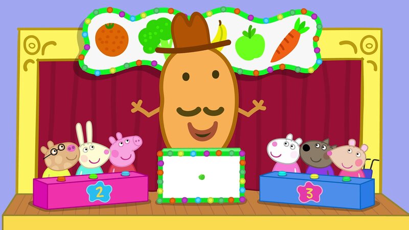 L-R: Pedro Pony, Rebecca Rabbit, Peppa Pig, Mr. Potato, Suzy Sheep, Danny Dog, Mandy Mouse – Bild: Nickelodéon Junior