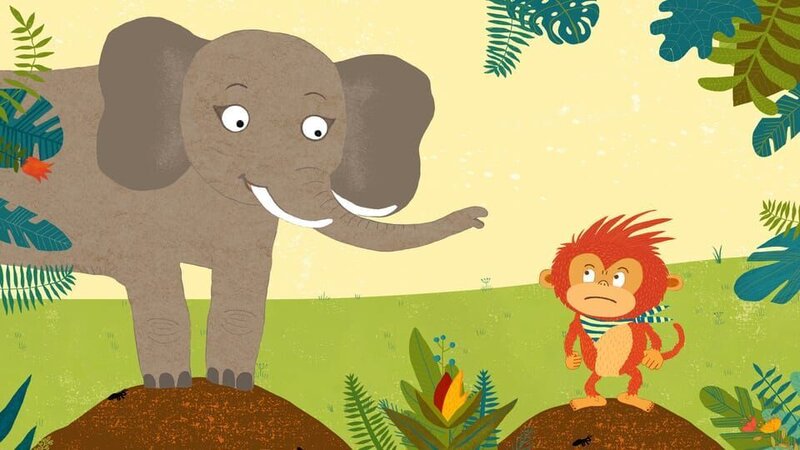 Äffchen Wim will seine große Wut loswerden. Bloß wie? Das Elefantenmädchen kennt einen Trick. Stampfen! – Bild: ZDF/​Trikk17