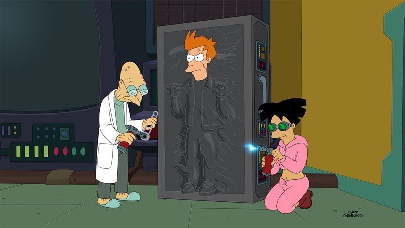 L-R: Hubert J. Farnsworth, Fry und Amy Wong – Bild: Twentieth Century Fox Film Corporation. All rights reserved. Lizenzbild frei