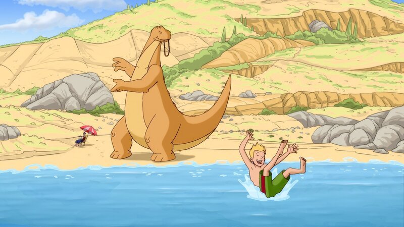 Am Abend erholen sich Tom, Clown Rupert, Tip, Wanda und Mrs. Hamilton von seinem anstrengenden Tag in Athen. – Bild: ORF/​Cromosoma