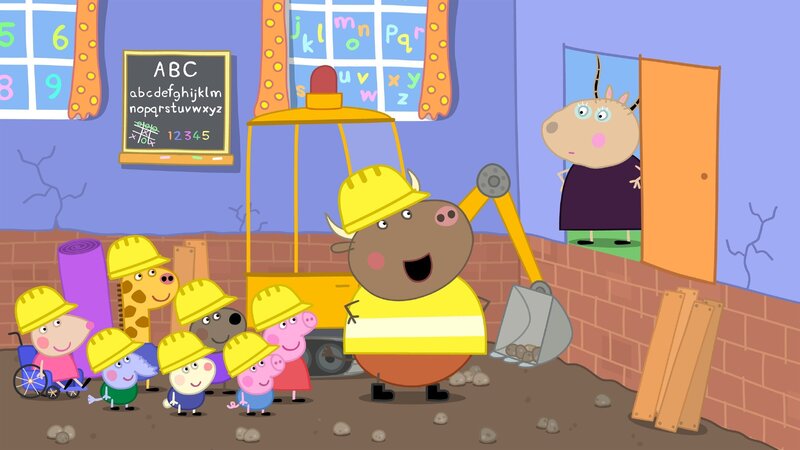 Heute übernimmt Herr Bulle (mi.) die Klasse von Madame Gazelle (re.), aber die Kinder wissen bereits alles über die Themen die Herr Bulle vorschlägt zu lernen. Also entscheidet er sich, ihnen zu zeigen, wie man ein qietschendes Dielenbrett repariert und verliert dabei etwas den Faden. – Bild: Astley Baker Davies Ltd and Entertainment One UK Ltd. HASBRO TM & © 2021 Hasbro