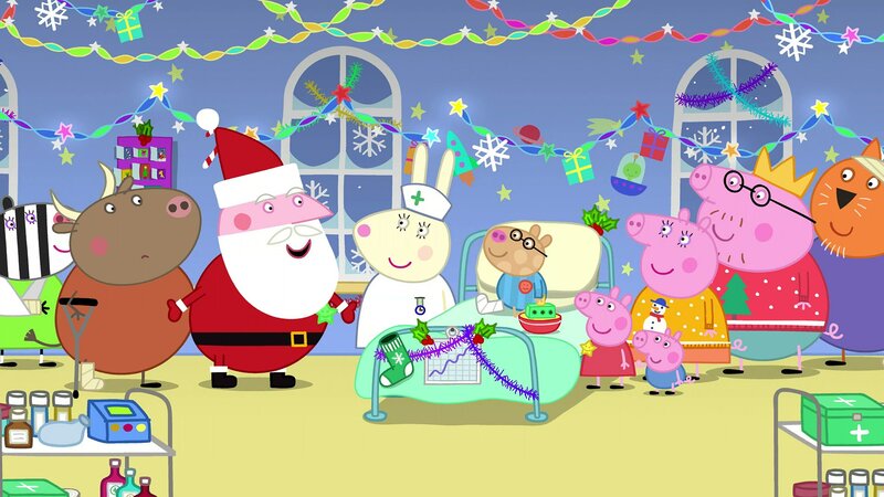 L-R: Mrs Zebra, Mr. Bull, Santa, Miss Rabbit, Pedro Pony, Peppa Pig, George Pig, Mummy Pig, Daddy Pig, Mr. Cat – Bild: Nickelodéon Junior