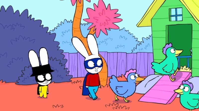 Captain Hase (l.) und Superhase (M.) sind auf Mission und müssen die entlaufenen Hühner (r.) vom Bauernhof wieder sicher in den Stall bringen. – Bild: ZDF und GO-N Productions