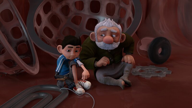 Zak und Gramps überlegen, wie sie sich aus dem Fischmagen befreien können. – Bild: KiKA/​One Animation PTE LTD.