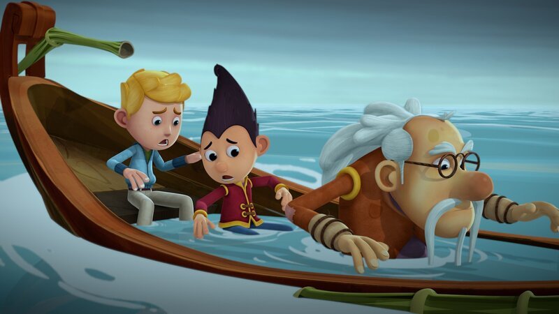 Meister Dao, Tashi und Jack drohen unterzugehen. – Bild: KiKA/​Flying Bark Productions Pty Ltd.