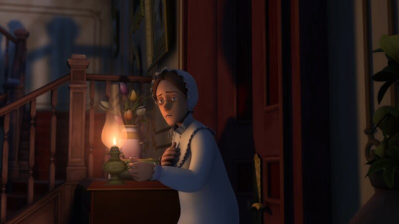 Fräulein Rottenmeier geht in den Flur, weil sie ein seltsames Geräusch hört. – Bild: ZDF/​Studio 100 Animation/​Heidi Productions Pty. Limited