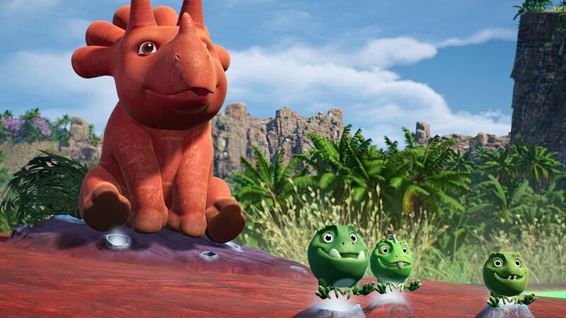 Die Dampflöcher des heißen Vulkans sind ein großer Spaß für Ginger und die Erbs-Rexe. – Bild: ZDF und Cheeky Little Media