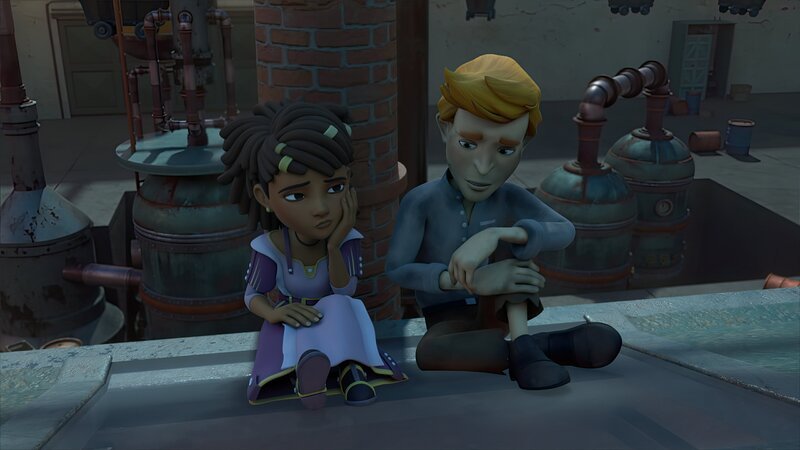 Ailina (links) und Corso (rechts) wissen nicht, ob sie Klincus noch vertrauen können. – Bild: ZDF/​SHOWLAB FABRIQUE D’IMAGES TELEGAEL