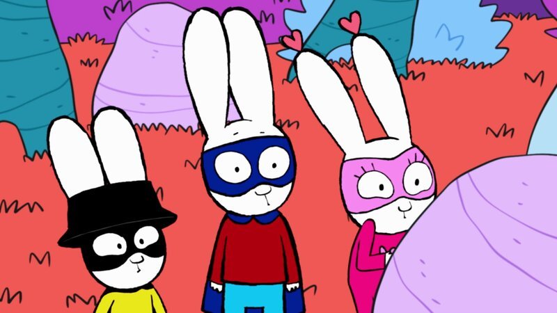 Captain Hase (l.), Superhase (M.) und Super-Lou (r.) entdecken, dass ihr Ball in den Klauen eines schlafenden Drachen gefangen gehalten wird. – Bild: ZDF und GO-N Productions