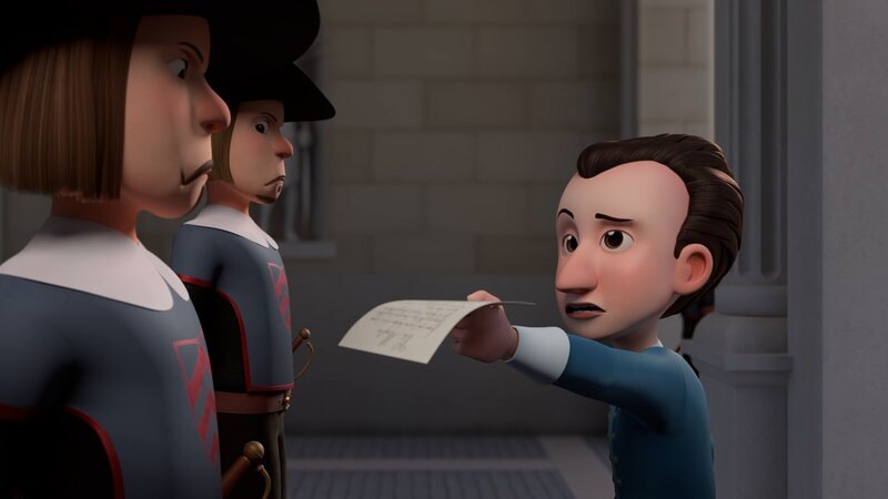 Der junge Henri (r.) glaubt, dass er ein Bruder des Königs ist und möchte bei ihm vorsprechen. Die Wachen (l.) wollen ihn nicht vorlassen. – Bild: Method Animation – Palomar – ZDF – ZDF Studios