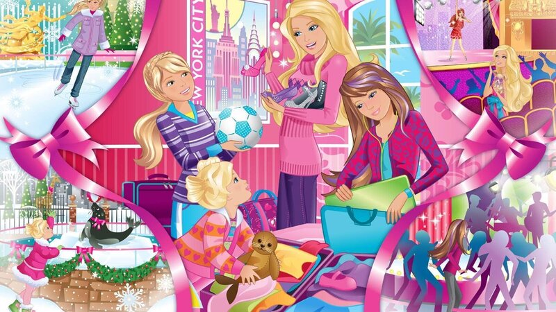 Barbie (2.v.re.) und ihre Schwestern Stacey (re.), Chelsea (2.v.li.) und Skipper (li.) wollen das Weihnachtsfest zu Hause in Manhatten verbringen. – Bild: SUPER RTL