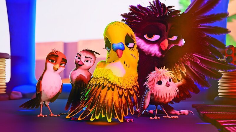 Kiki (Wellensittich), Olga (Eule), Richard, Basak und Samia  (Spatzen) stehen in HipHop-Pose als Gruppe zusammen. – Bild: Paradis Films