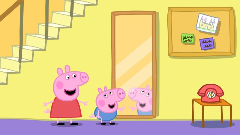 Peppa (li.) und Schorsch (re.) haben Spaß an dem Suchspiel mit Papa. – Bild: Astley Baker Davies Ltd and Entertainment One UK Ltd. HASBRO TM & © 2021 Hasbro