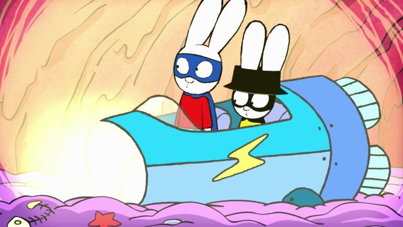 Superhase (l.) und Captain Hase (r.) sind bei der Suche nach ihren verschollenen Raumschiffen im Bauch eines gigantischen Fisches gestrandet. – Bild: ZDF und GO-N Productions