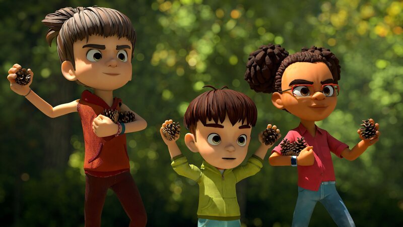 Bohnenstange, Kleiner Fuß und Lina lassen sich mit Vergnügen auf eine Tannenzapfenschlacht mit Marie und ihrer Bande ein. – Bild: ZDF/​La Station Animation