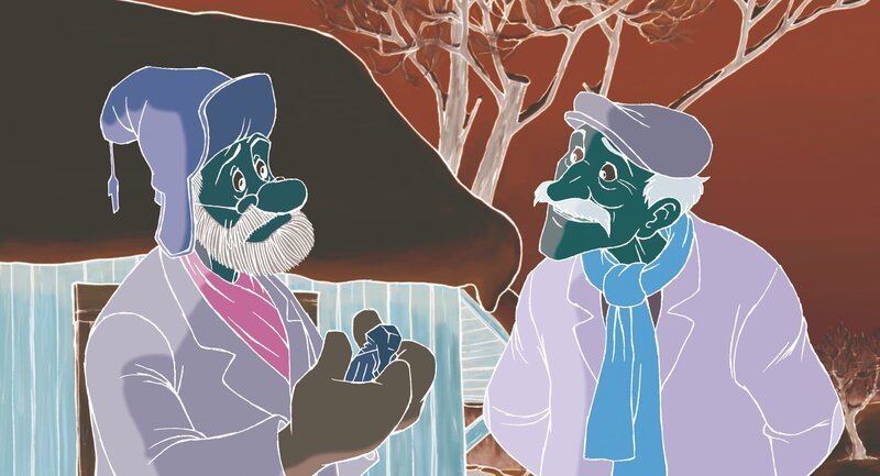 Gustavsson (r.) bestellt bei Pettersson (l.) hundert solcher Weihnachtsmannfiguren. – Bild: ZDF und Anders Sörensen