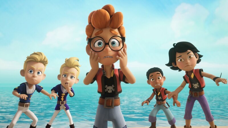 Bei einer Wettfahrt mit den Segelbooten sind die Mantas und die Sardinen auf einer einsamen Insel gestrandet. Von links: Die Zwillinge Gustav und Alina, Alexander, Finn und Zoe – Bild: ZDF und Method Animation – Mediawan kids & family