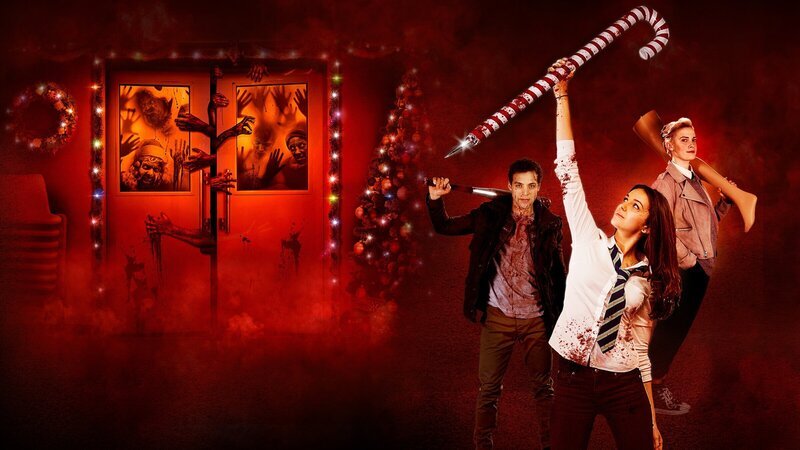 Plakatmotiv zum Film mit Nick (Ben Wiggins, l.) Anna (Ella Hunt, M.), Steph (Sarah Swire, r.) und Zombies im Hintergrund. – Bild: ZDF