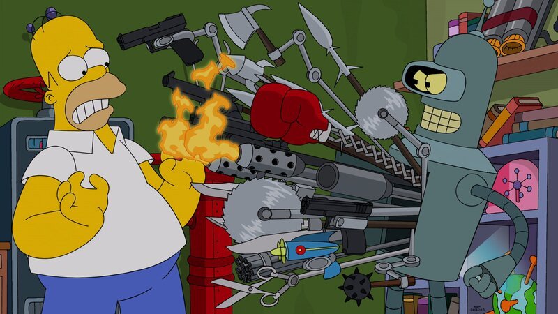 Homer (l.) findet spät heraus, warum Bender (r.) in die Vergangenheit gekommen ist … – Bild: Twentieth Century Fox Film Corporation