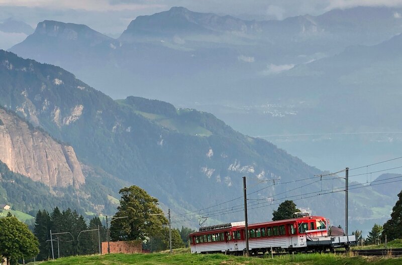 Mit der Zahnradbahn geht es auf der Südseite der Rigi in eindrucksvoller Kulisse steil bergauf. – Bild: SWR