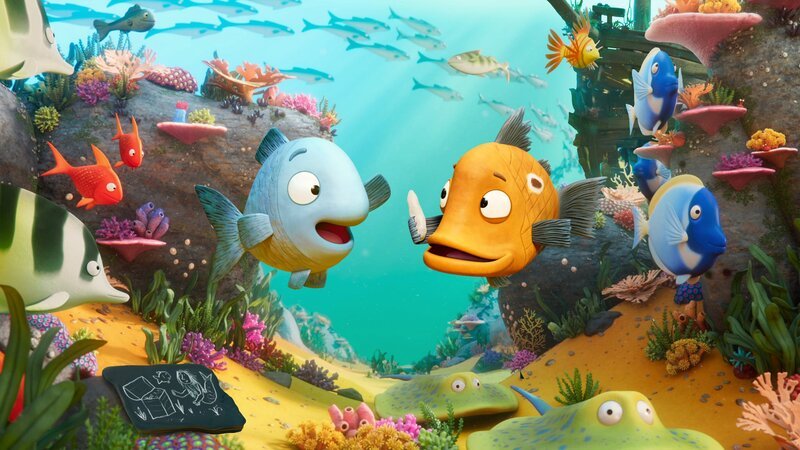 Peter Petersfisch (r.) liebt die abenteuerlichen Geschichten seines Freundes Flori Flunkerfisch (l.). – Bild: Magic Light Pictures /​ ZDF