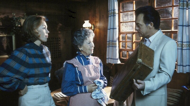 Prof. Brinkmann (Klausjürgen Wussow, r.) bringt zum Staunen von Käti (Karin Hardt, M.) und Christa (Gaby Dohm, l.) den Koffer mit dem Geld nach Hause. – Bild: ZDF und Thomas Waldhelm