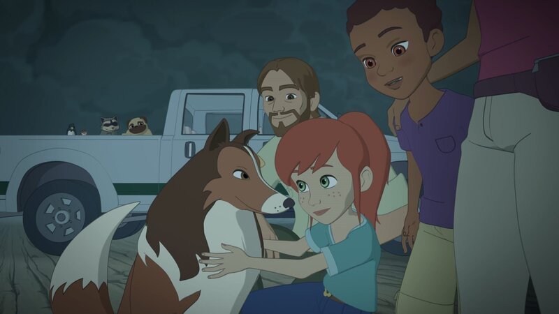 Zoé und Harvey bedanken sich bei Lassie, denn ohne Lassies Hilfe wäre Graham nicht rechtzeitig zur Stelle gewesen und die Landung nicht so glimpflich verlaufen. – Bild: ZDF/​Superprod